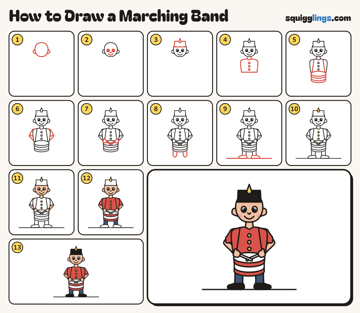 How to Draw a Marching Band step by step: all 13 steps in one picture