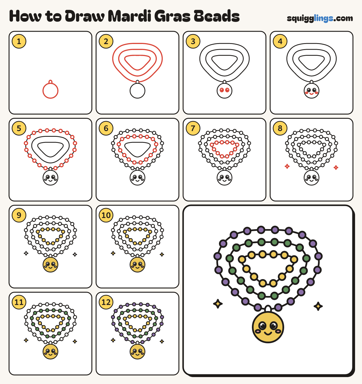 How to Draw Mardi Gras Beads step by step: all 12 steps in one picture