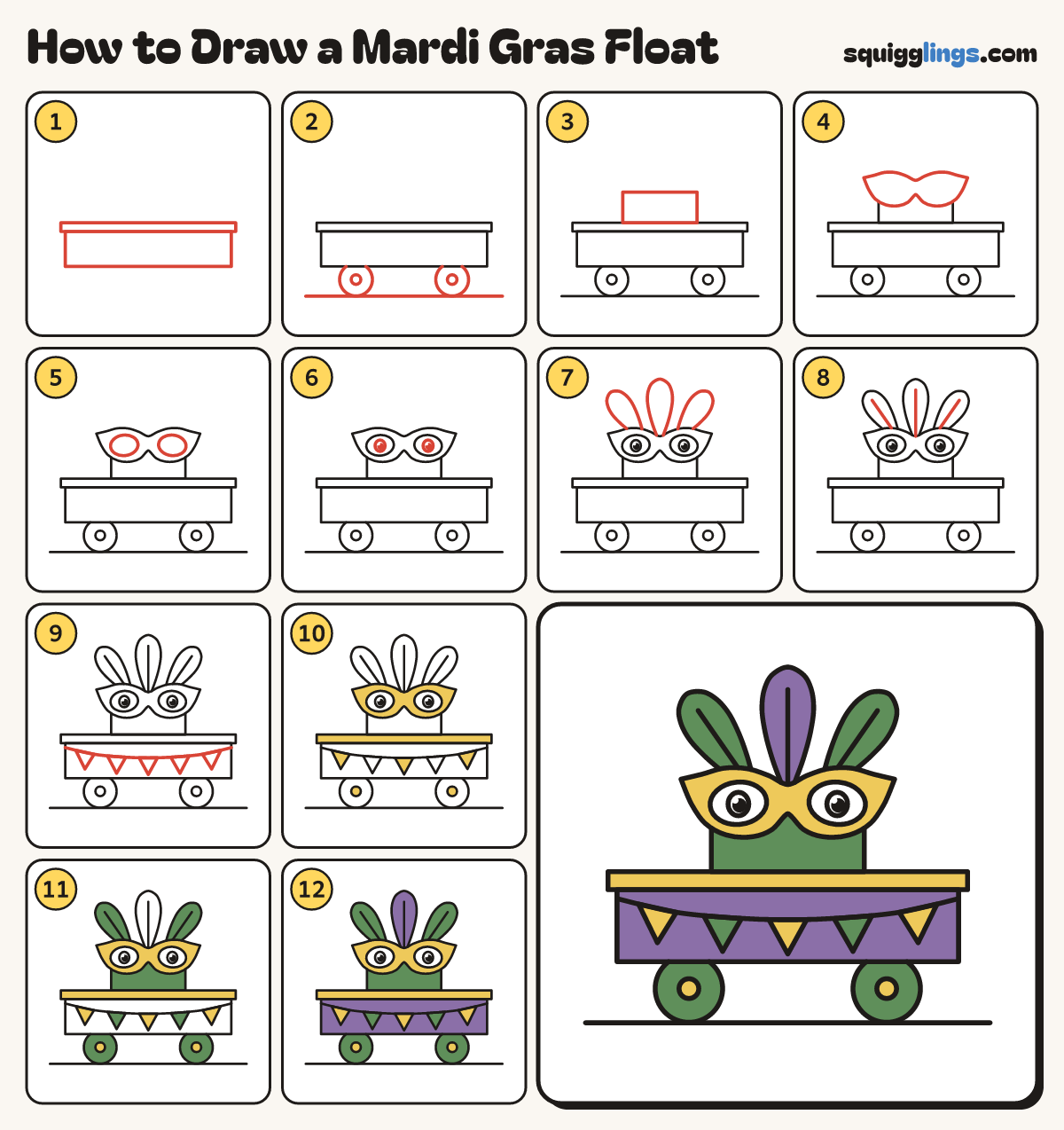 How to Draw a Mardi Gras Float step by step: all 12 steps in one picture