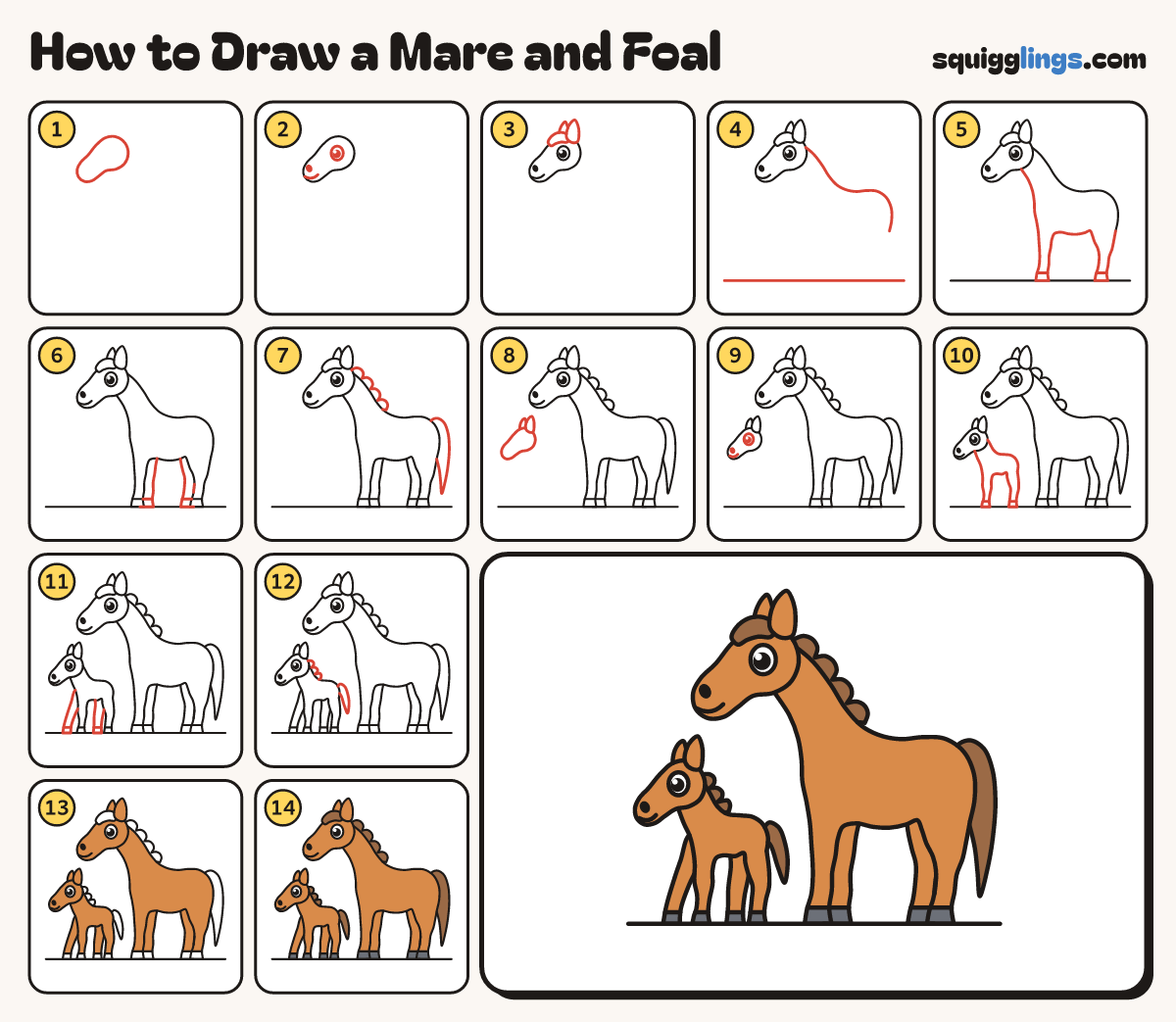 How to Draw a Mare and Foal step by step: all 14 steps in one picture