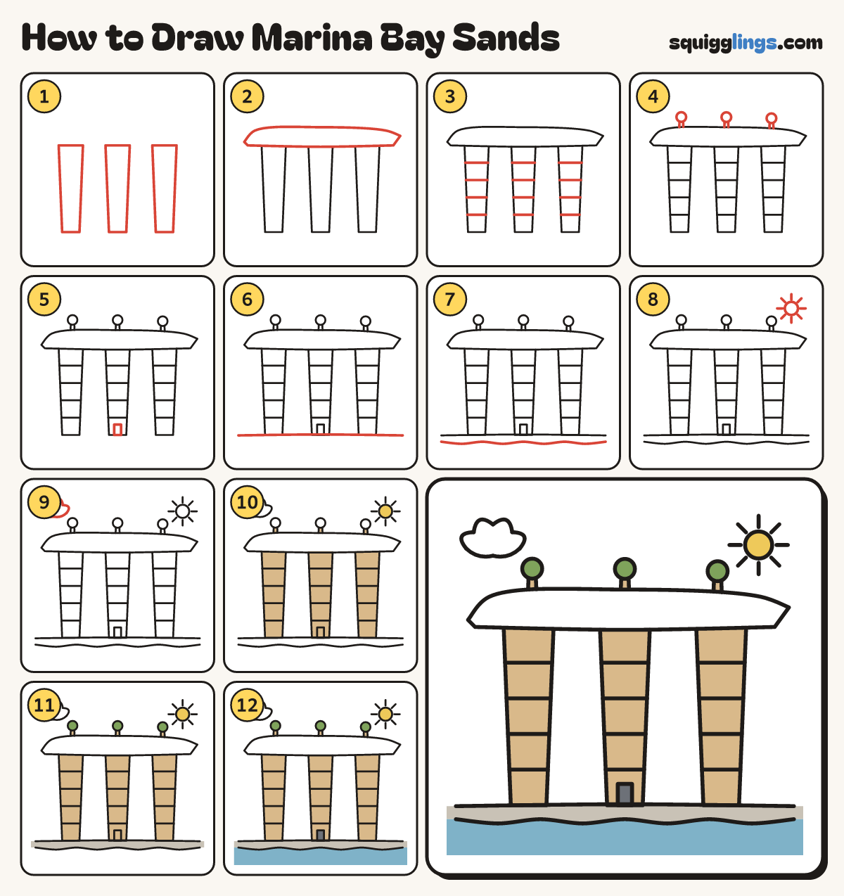 How to Draw Marina Bay Sands step by step: all 12 steps in one picture