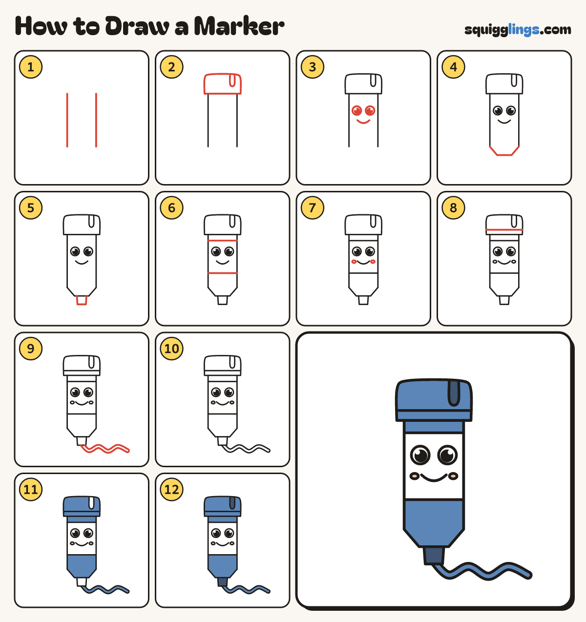 How to Draw a Marker step by step: all 12 steps in one picture