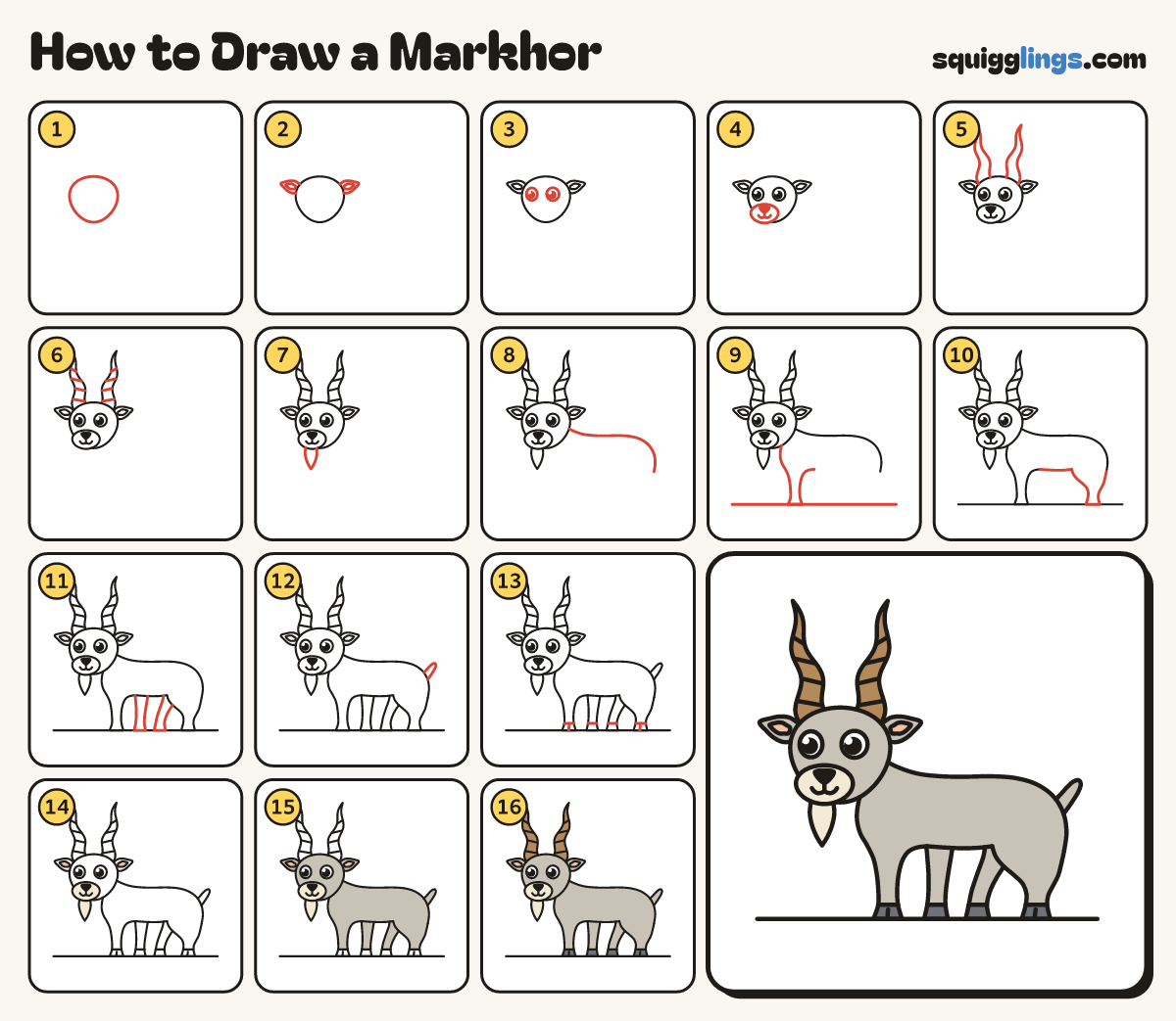 How to Draw a Markhor step by step: all 16 steps in one picture