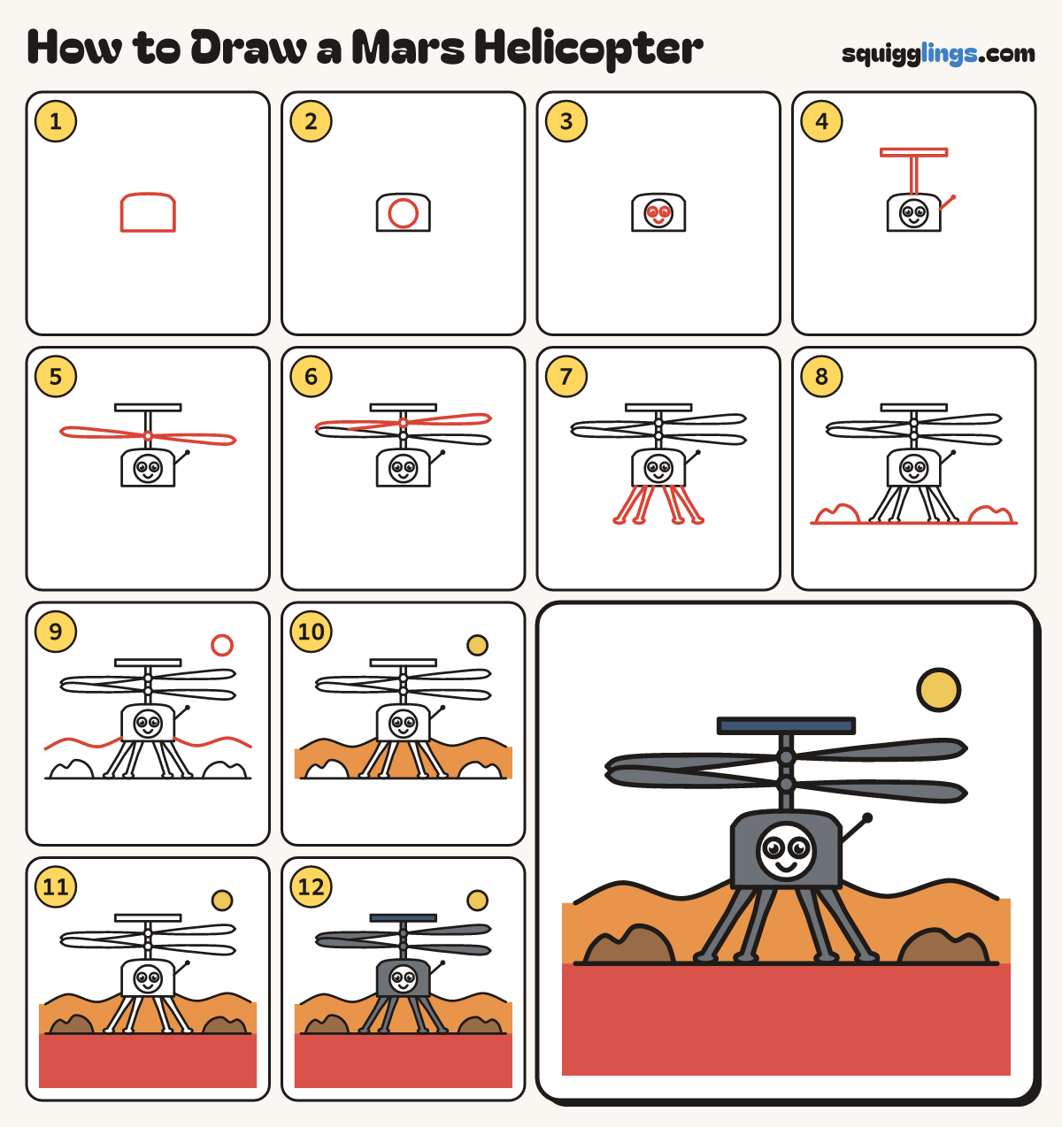 How to Draw a Mars Helicopter step by step: all 12 steps in one picture