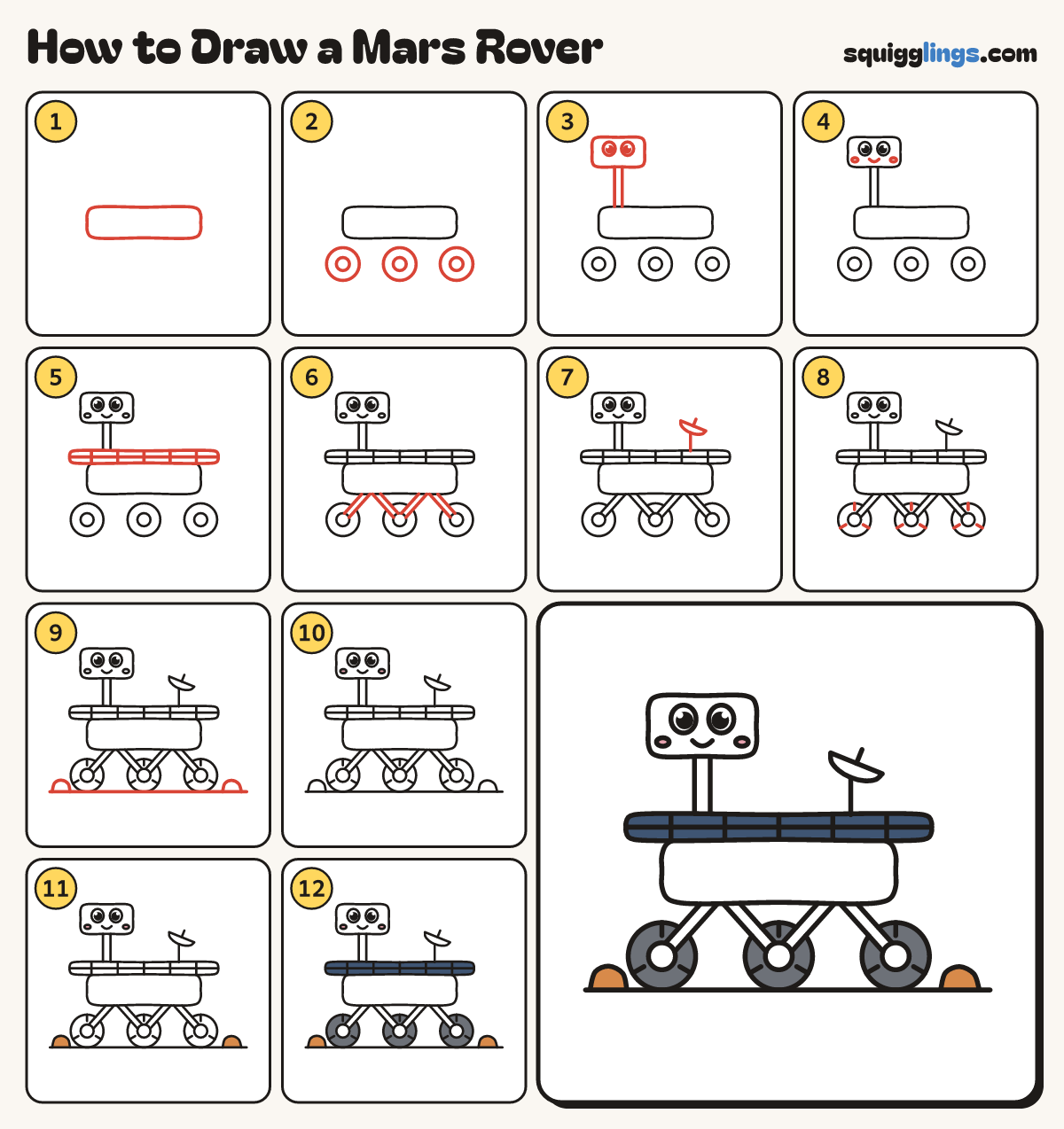 How to Draw a Mars Rover step by step: all 12 steps in one picture