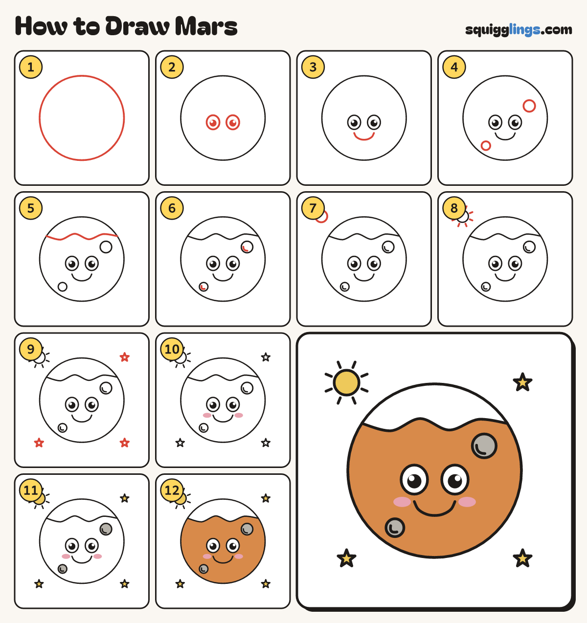 How to Draw Mars step by step: all 12 steps in one picture