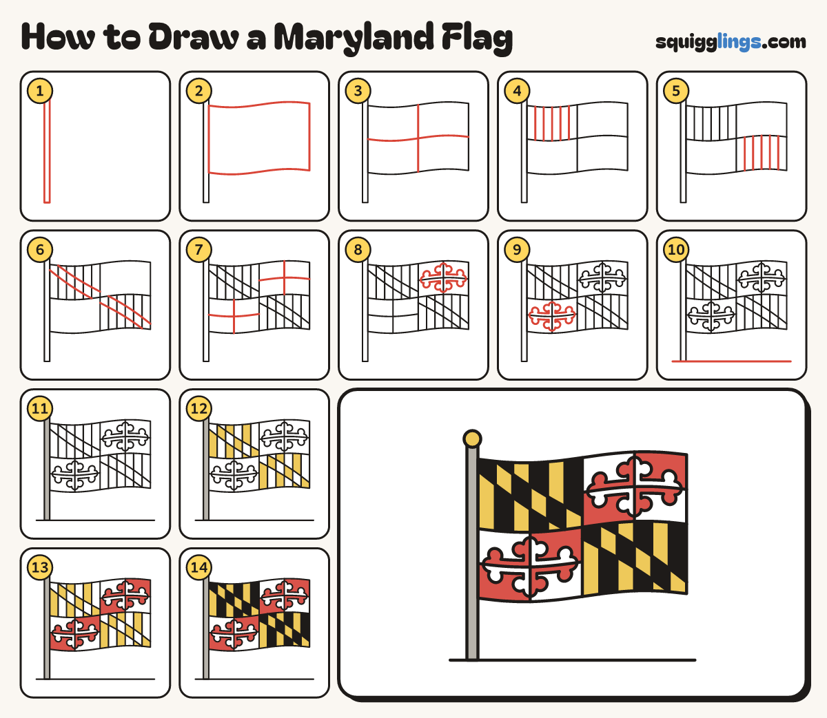 How to Draw a Maryland Flag step by step: all 14 steps in one picture