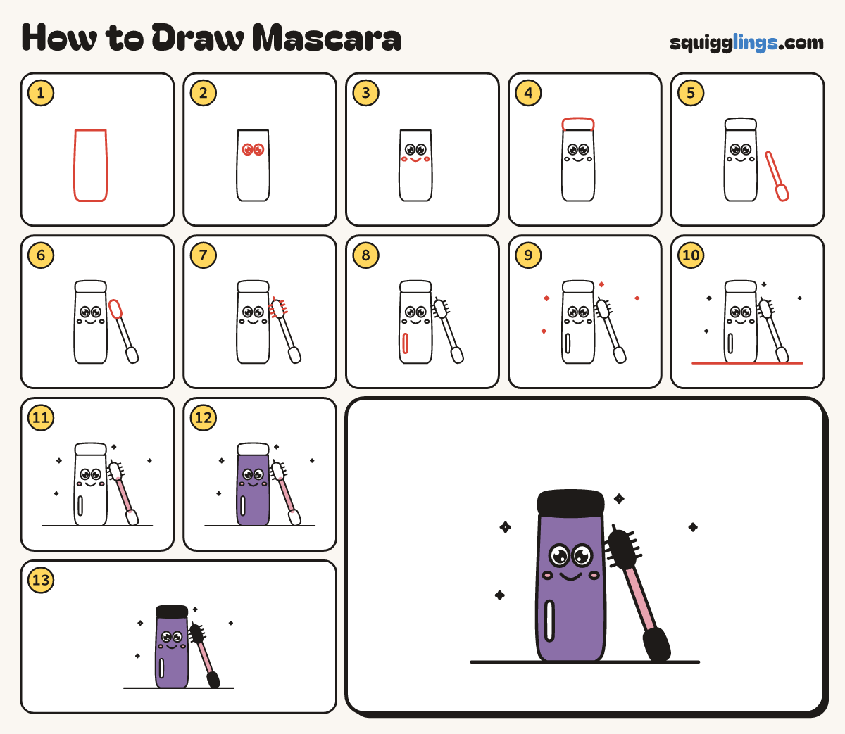 How to Draw Mascara step by step: all 13 steps in one picture