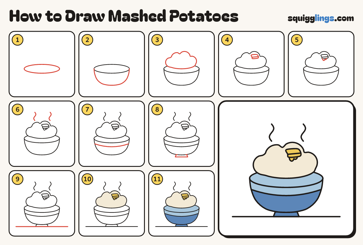 How to Draw Mashed Potatoes step by step: all 11 steps in one picture