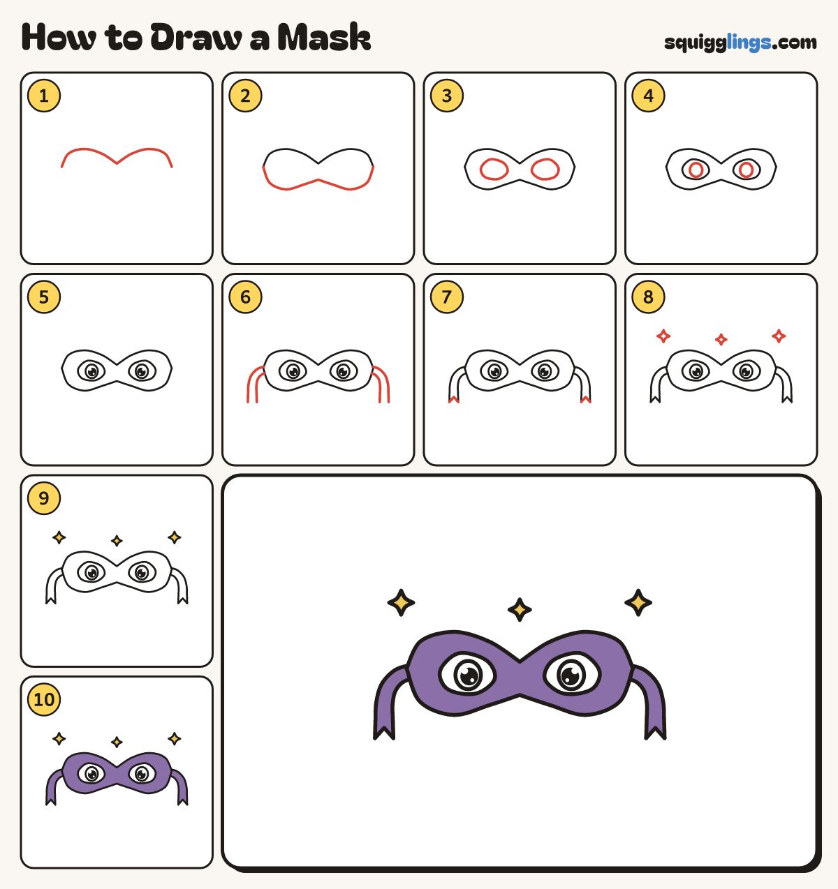 How to Draw a Mask step by step: all 10 steps in one picture