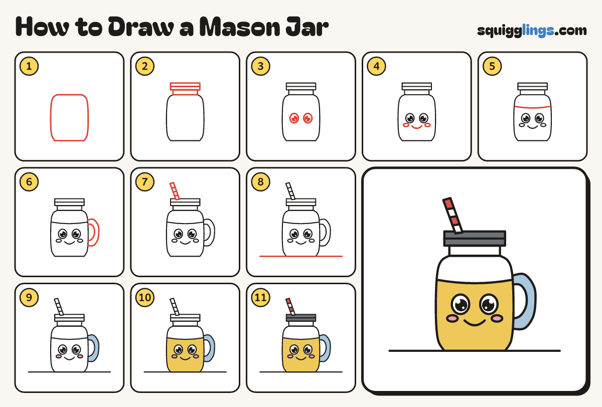 How to Draw a Mason Jar step by step: all 11 steps in one picture