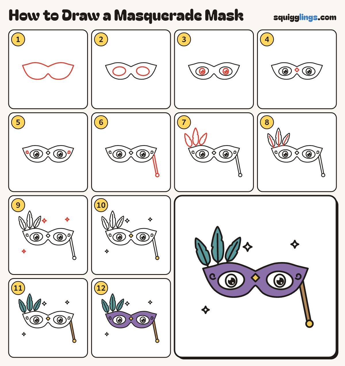 How to Draw a Masquerade Mask step by step: all 12 steps in one picture