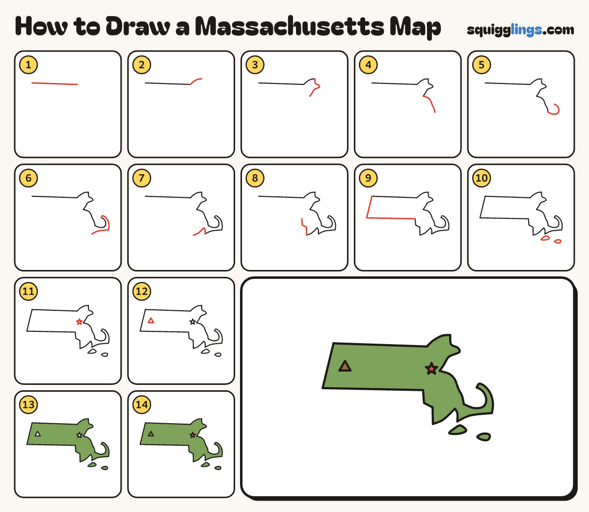 How to Draw a Massachusetts Map step by step: all 14 steps in one picture