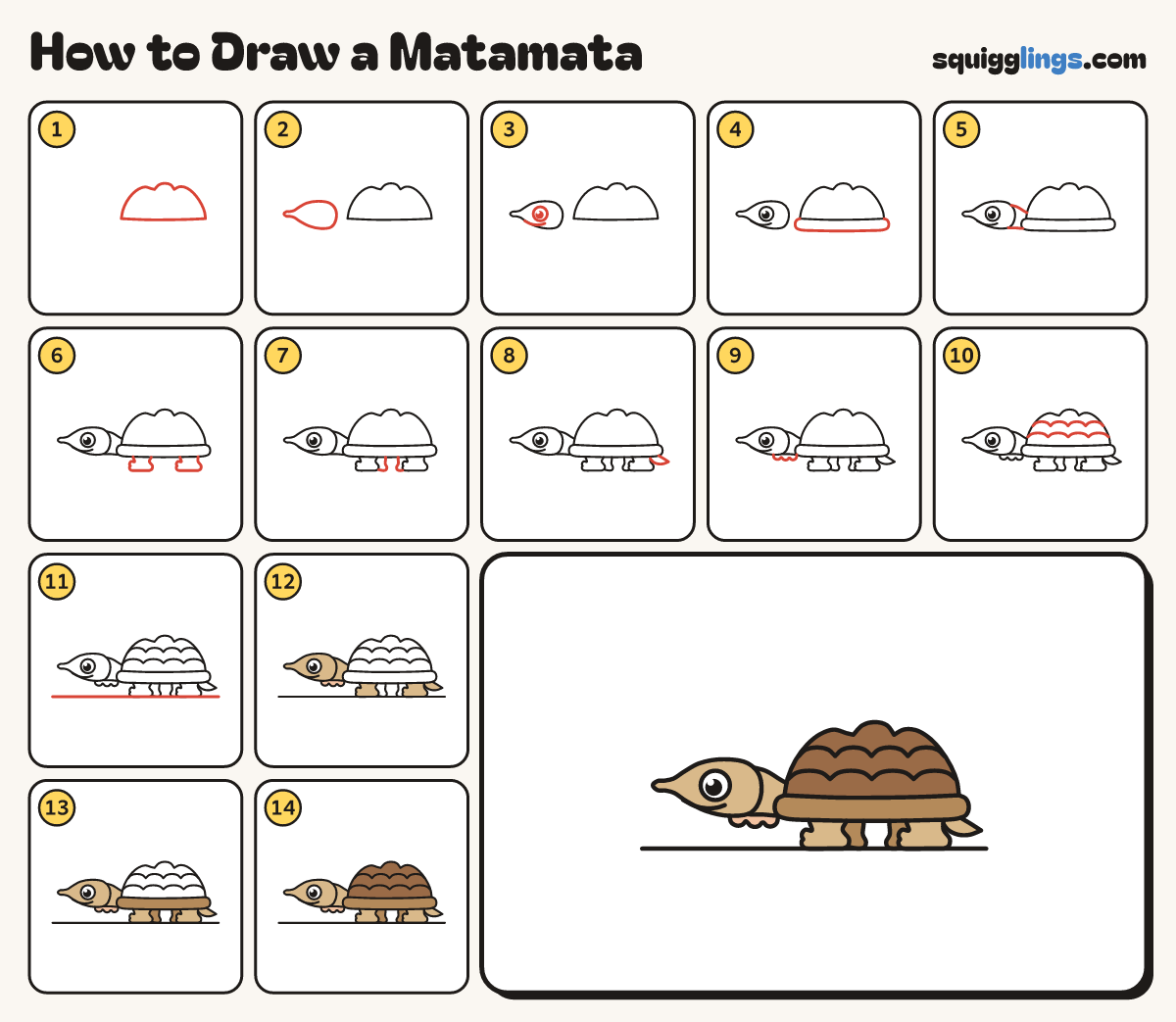 How to Draw a Matamata step by step: all 14 steps in one picture