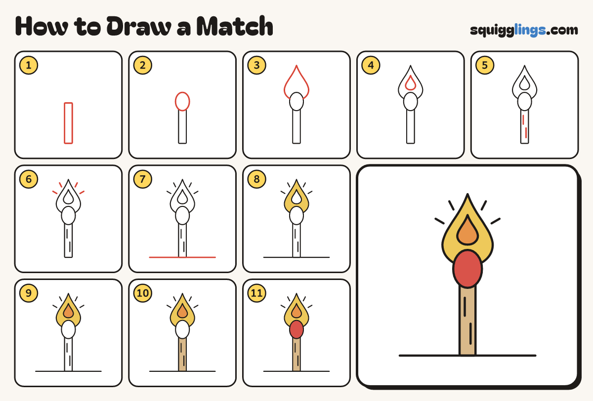 How to Draw a Match step by step: all 11 steps in one picture