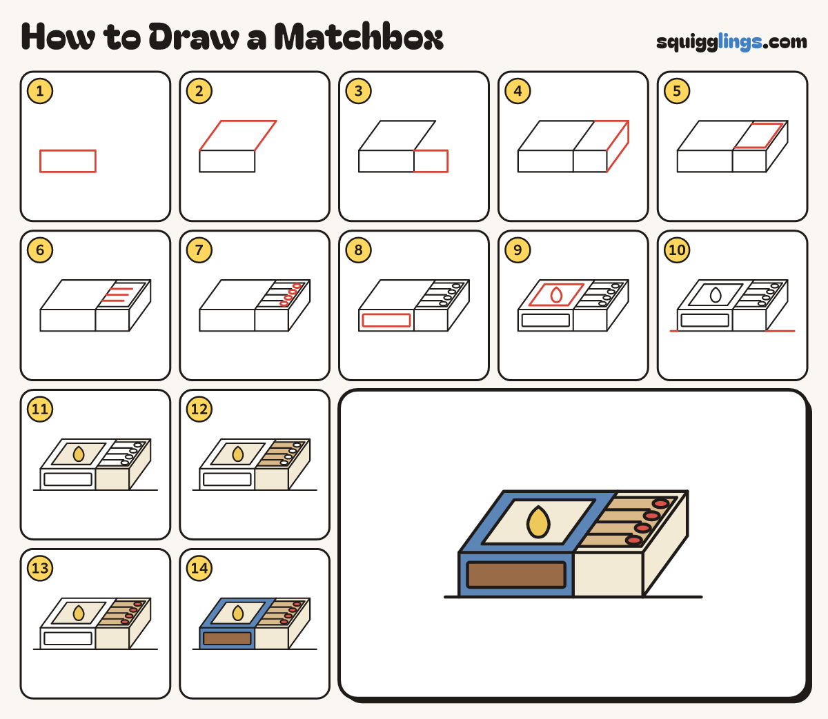 How to Draw a Matchbox step by step: all 14 steps in one picture