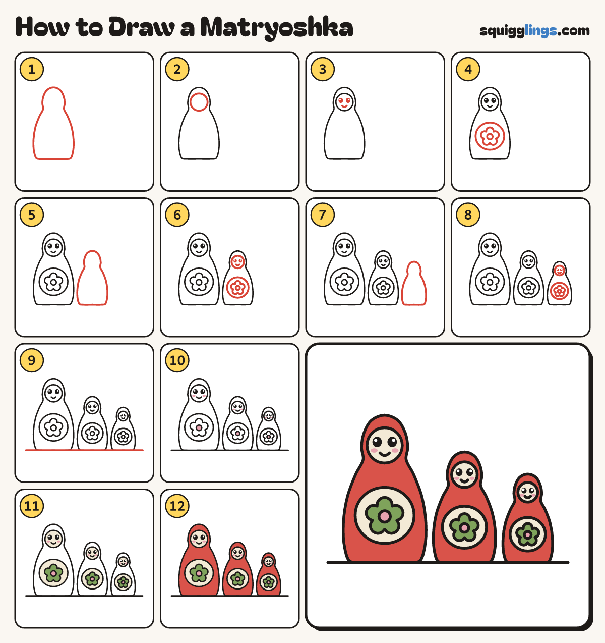 How to Draw a Matryoshka step by step: all 12 steps in one picture