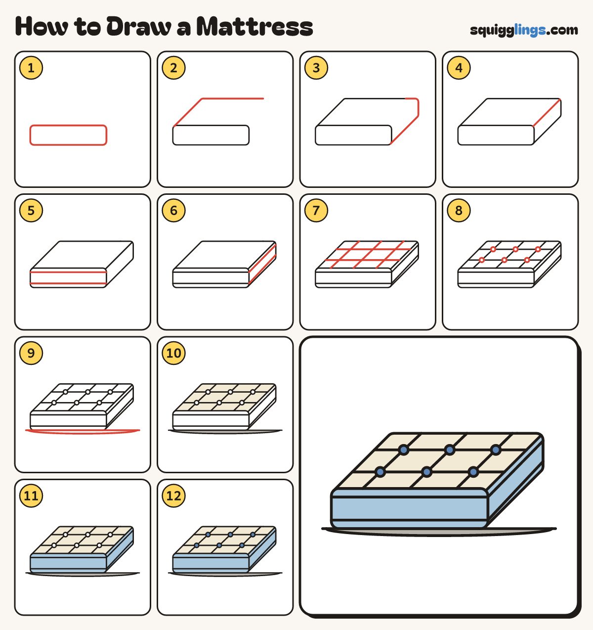 How to Draw a Mattress step by step: all 12 steps in one picture