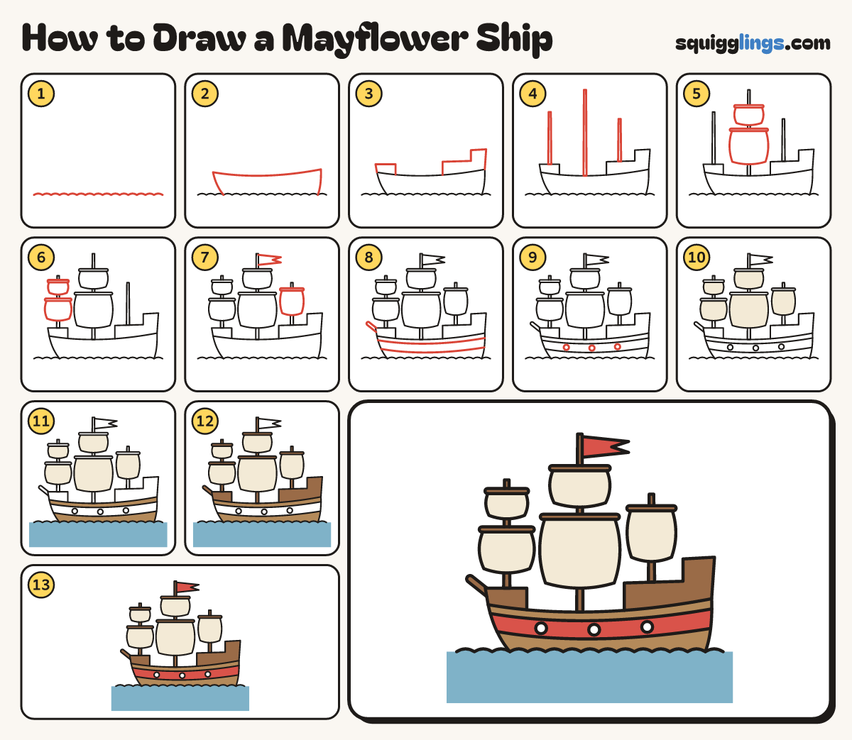 How to Draw a Mayflower Ship step by step: all 13 steps in one picture