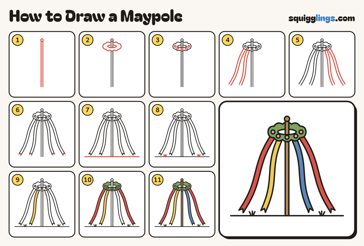 How to Draw a Maypole step by step: all 11 steps in one picture