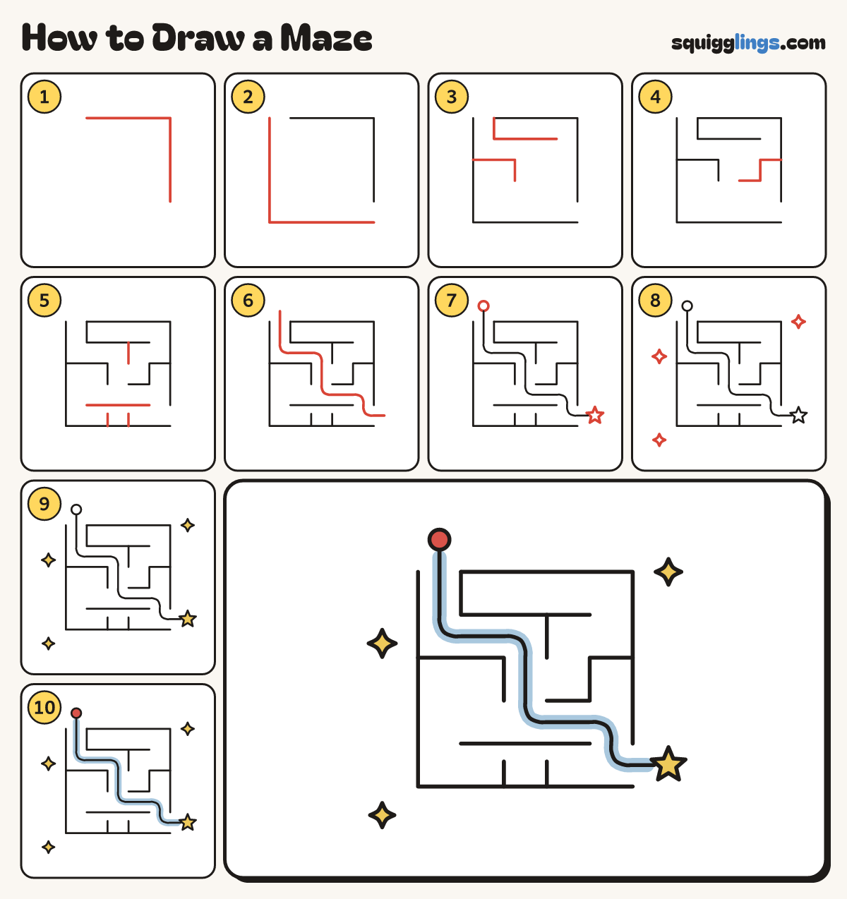 How to Draw a Maze step by step: all 10 steps in one picture