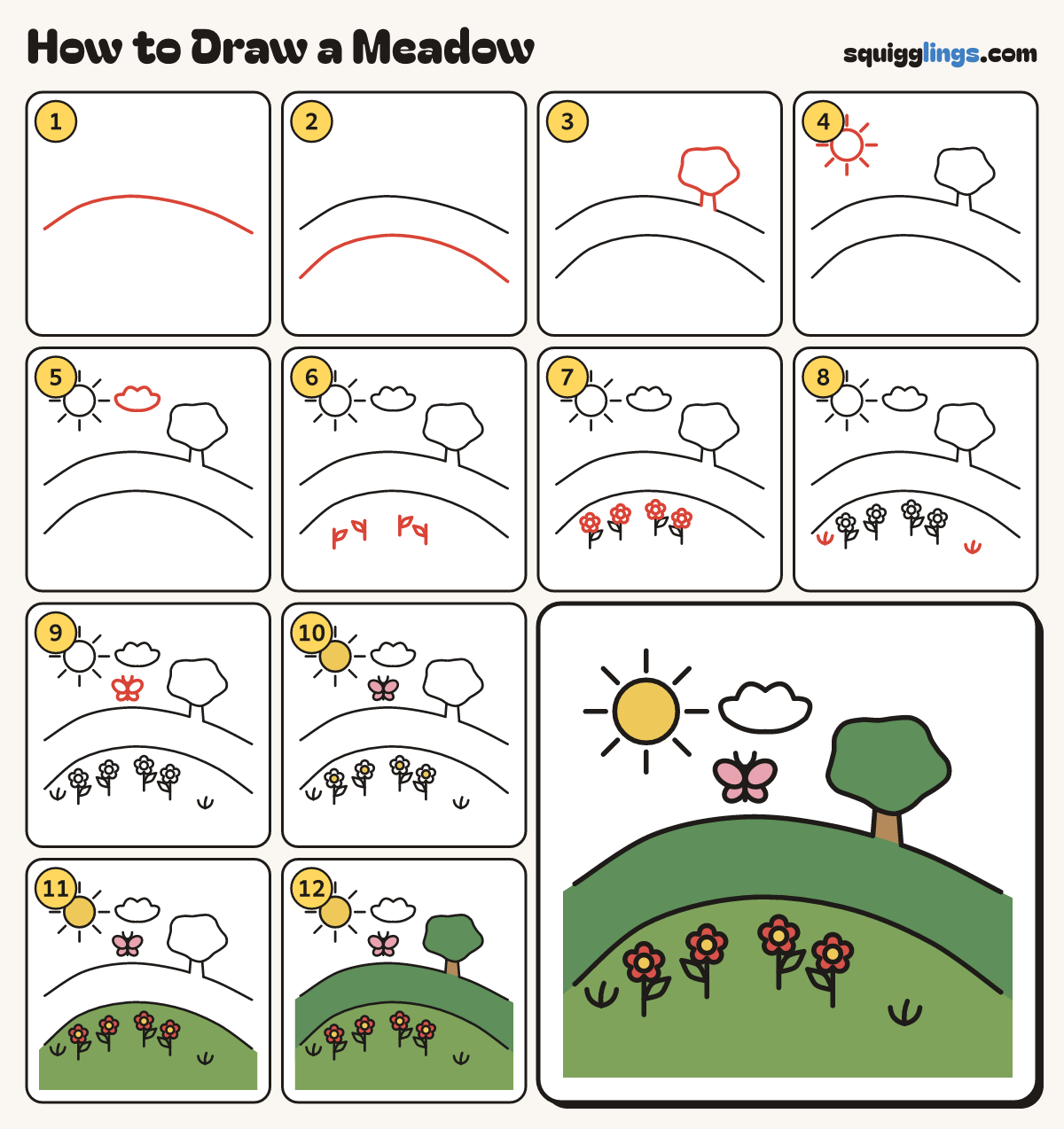 How to Draw a Meadow step by step: all 12 steps in one picture