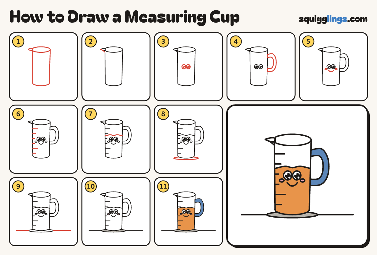 How to Draw a Measuring Cup step by step: all 11 steps in one picture