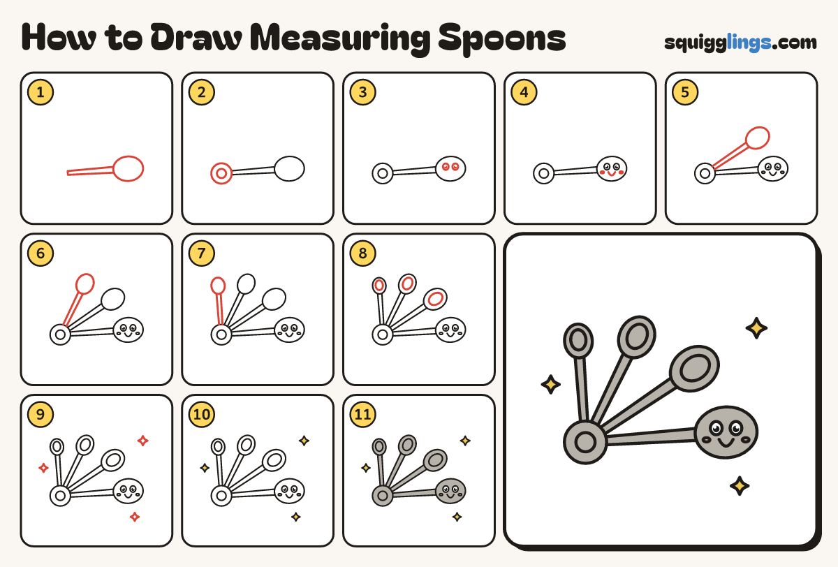 How to Draw Measuring Spoons step by step: all 11 steps in one picture