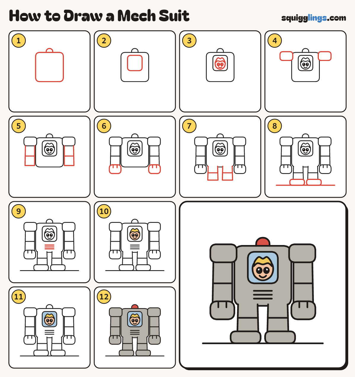 How to Draw a Mech Suit step by step: all 12 steps in one picture