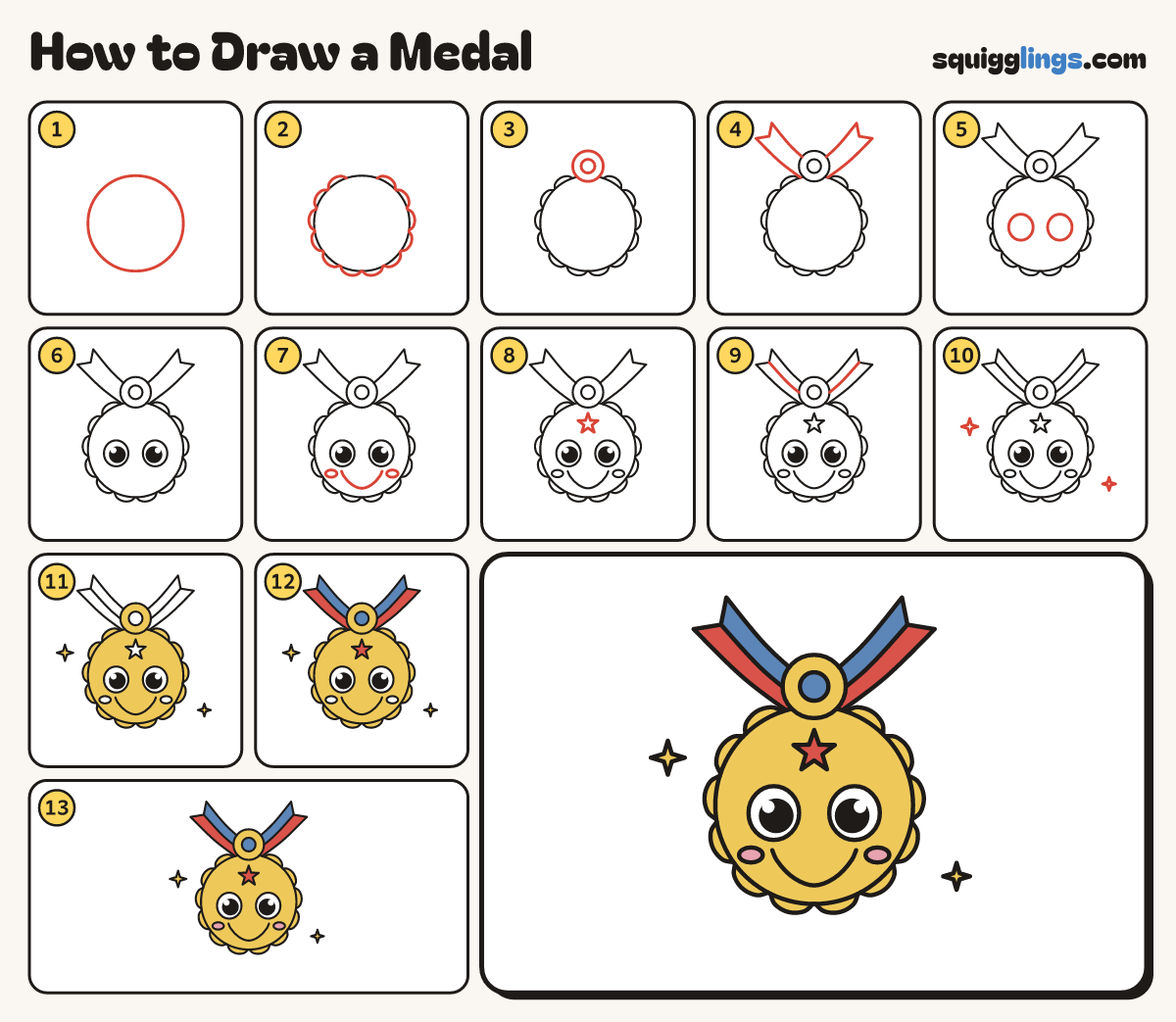 How to Draw a Medal step by step: all 13 steps in one picture