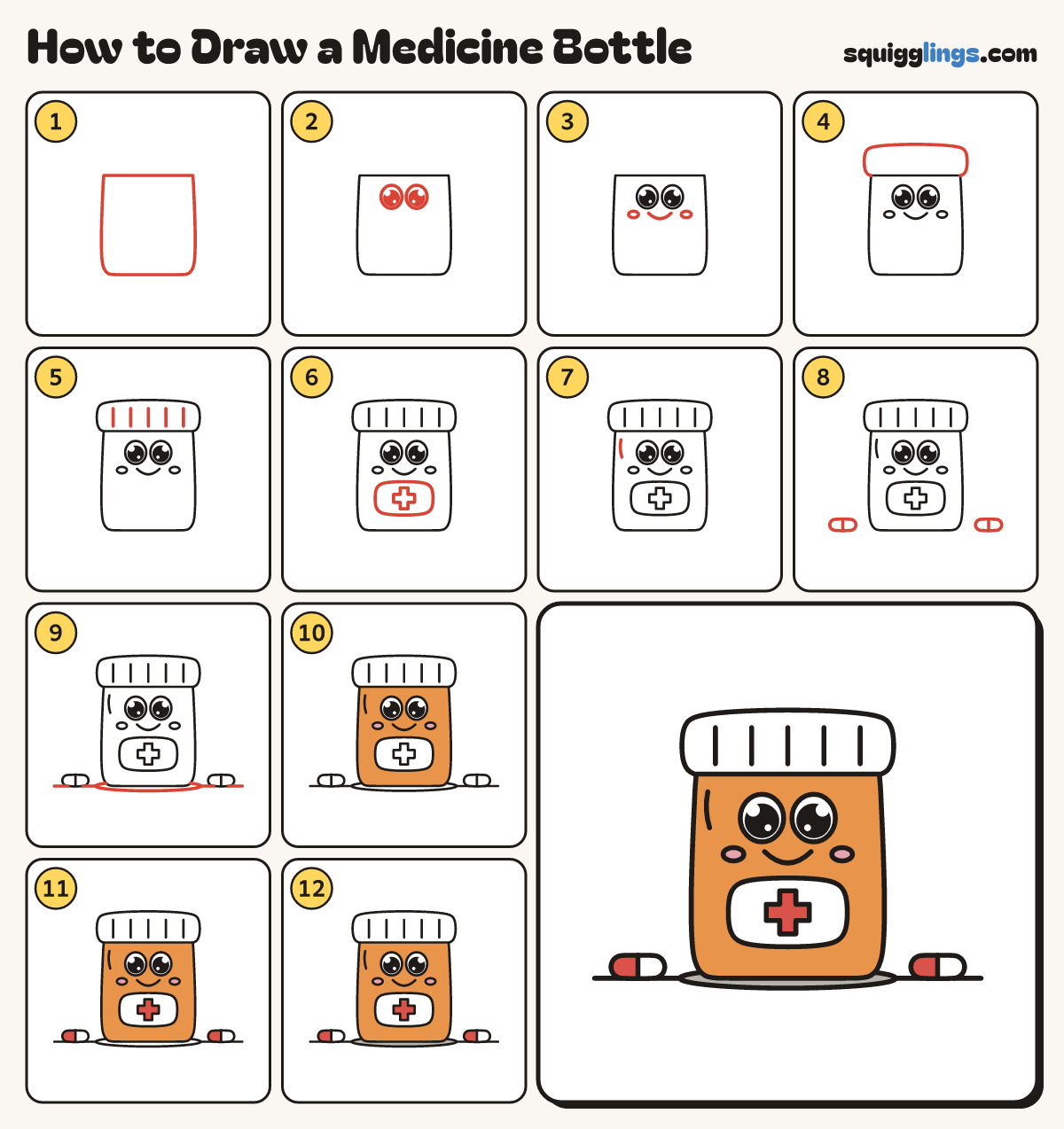 How to Draw a Medicine Bottle step by step: all 12 steps in one picture