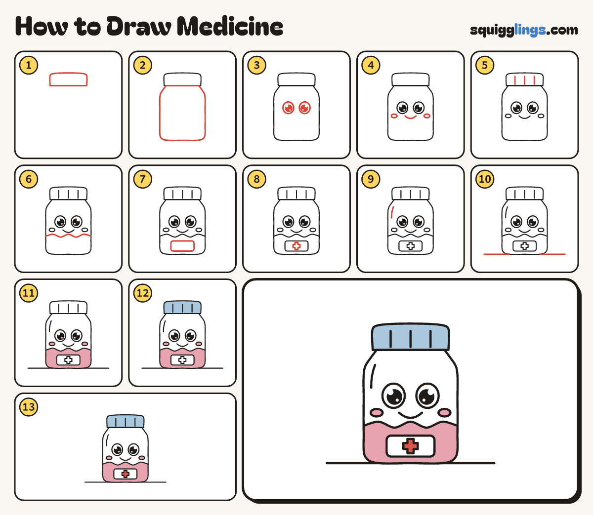 How to Draw Medicine step by step: all 13 steps in one picture