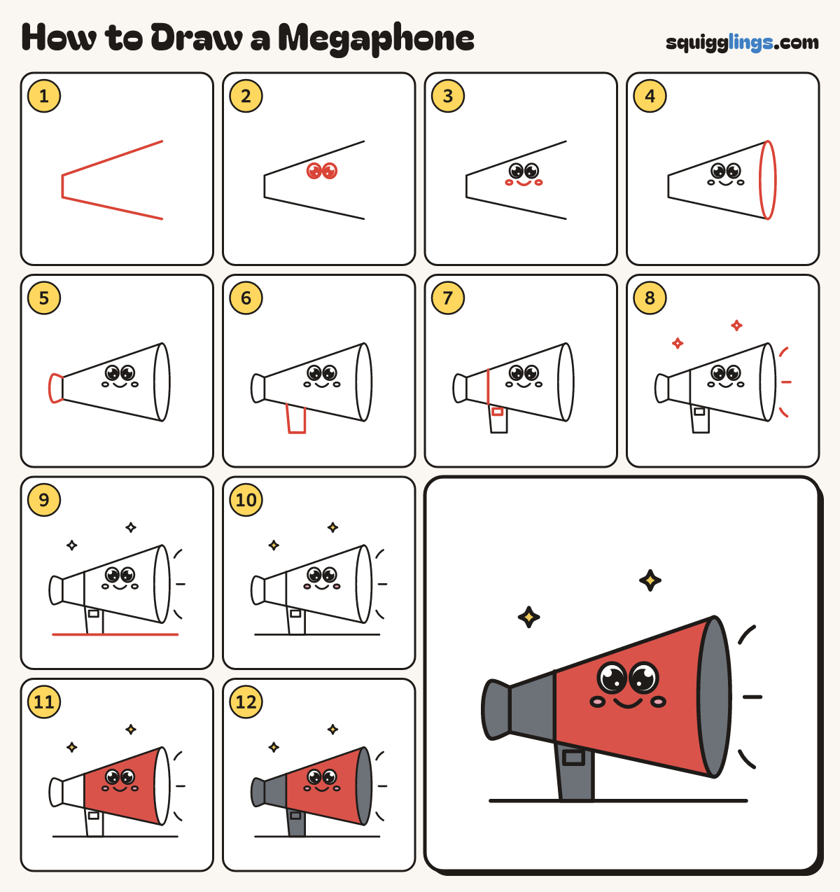 How to Draw a Megaphone step by step: all 12 steps in one picture
