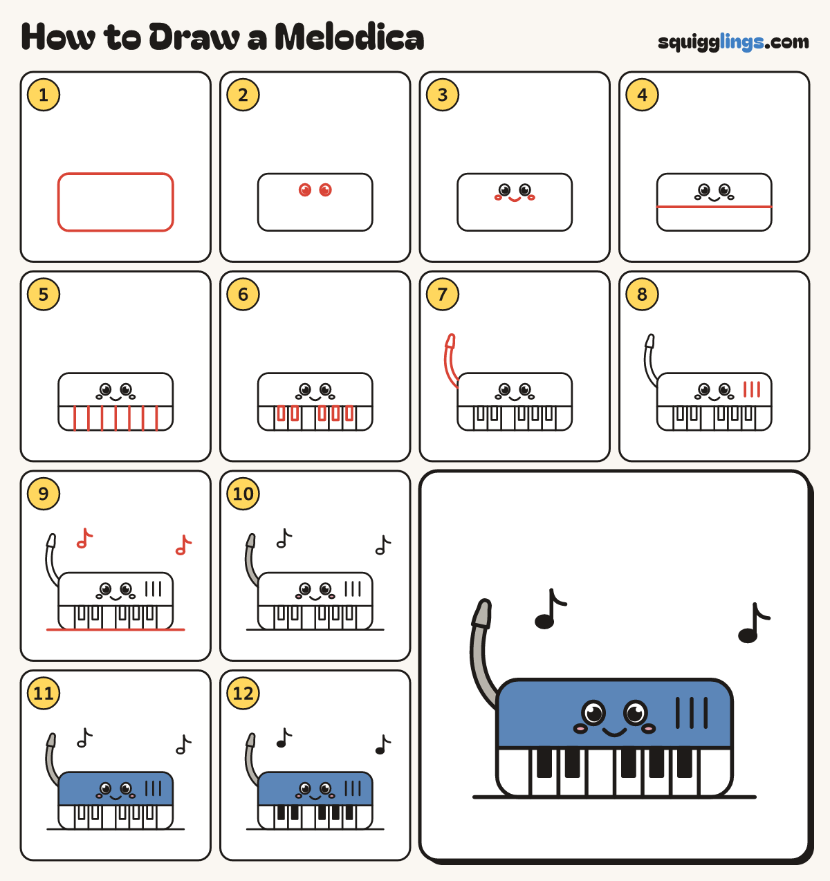 How to Draw a Melodica step by step: all 12 steps in one picture