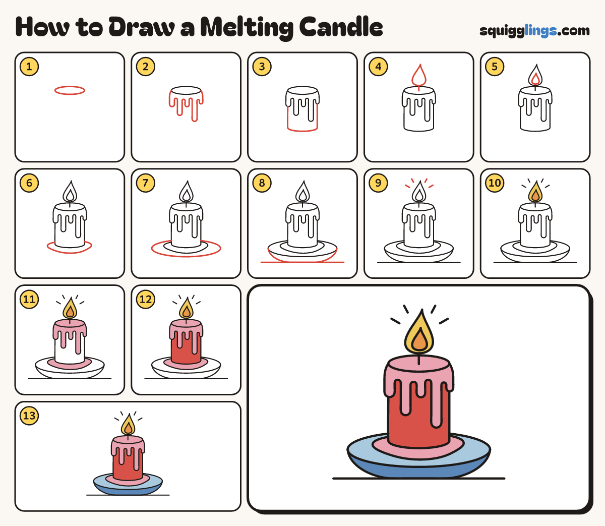 How to Draw a Melting Candle step by step: all 13 steps in one picture