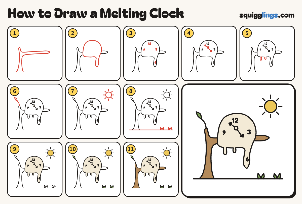 How to Draw a Melting Clock step by step: all 11 steps in one picture