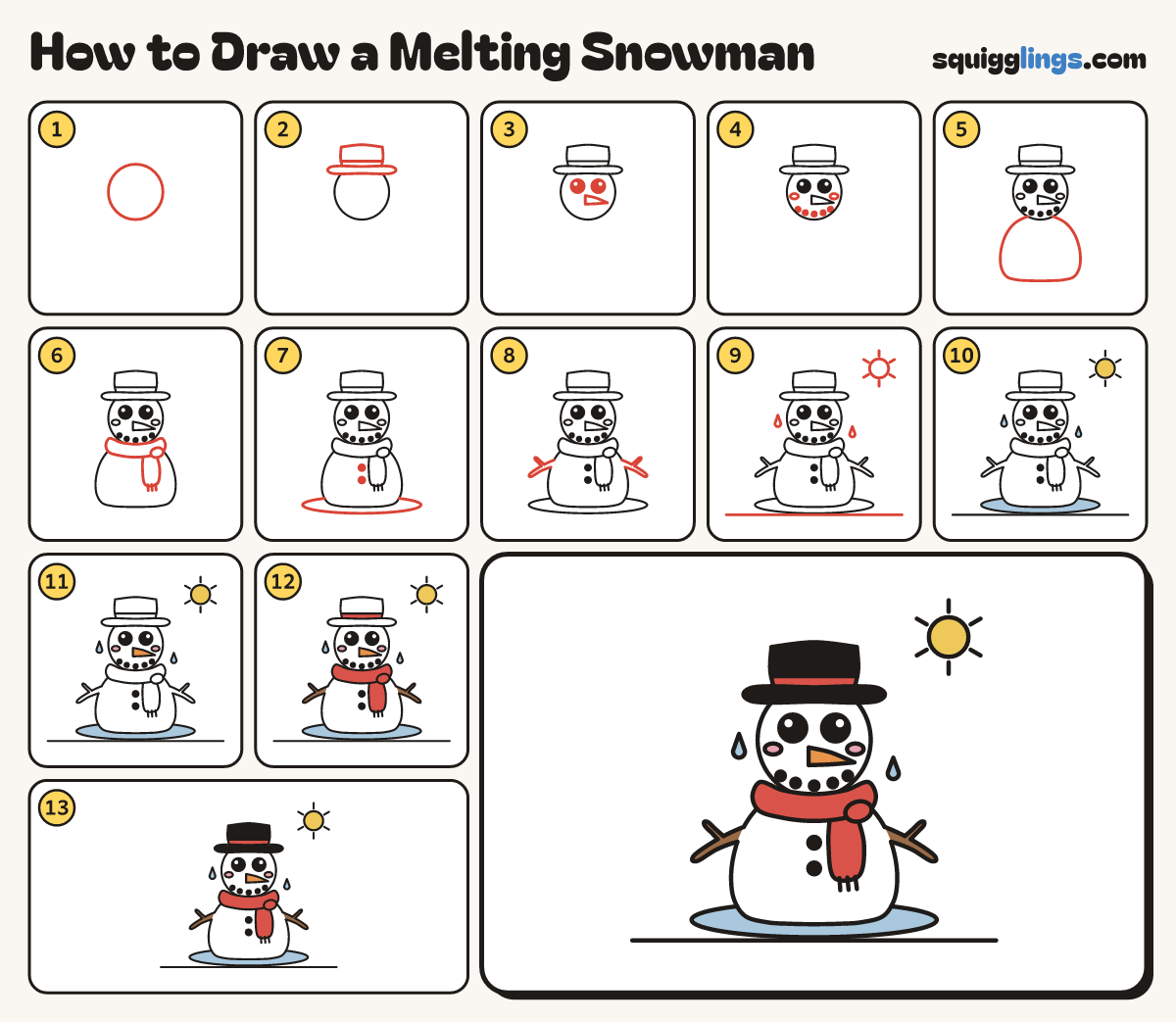 How to Draw a Melting Snowman step by step: all 13 steps in one picture