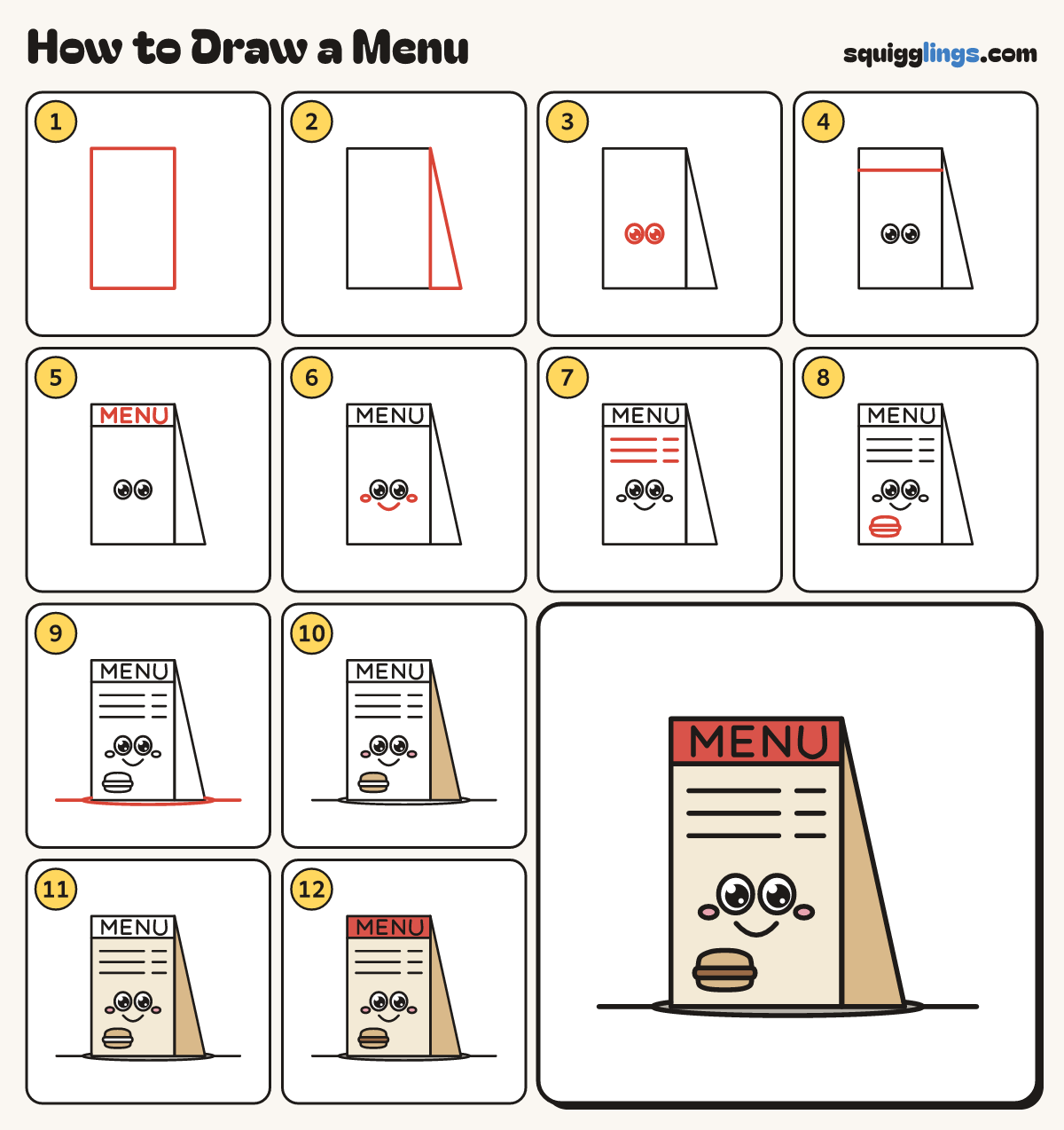 How to Draw a Menu step by step: all 12 steps in one picture