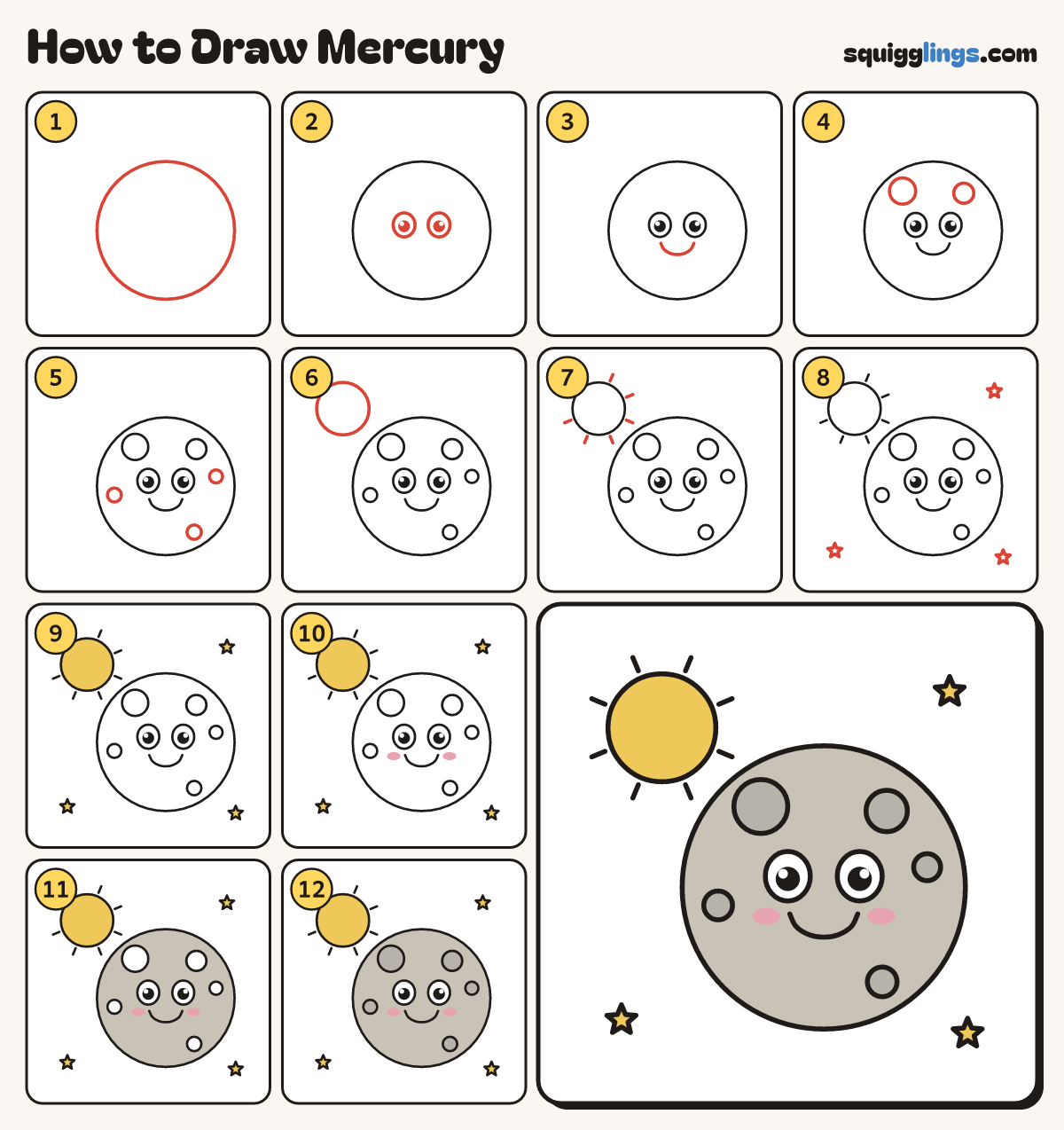 How to Draw Mercury step by step: all 12 steps in one picture