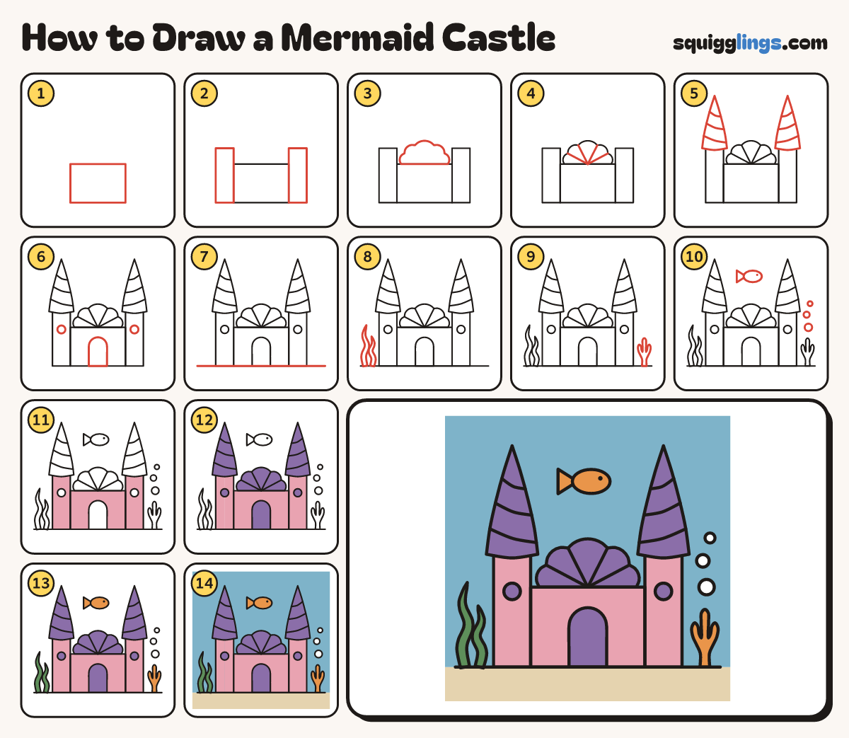 How to Draw a Mermaid Castle step by step: all 14 steps in one picture