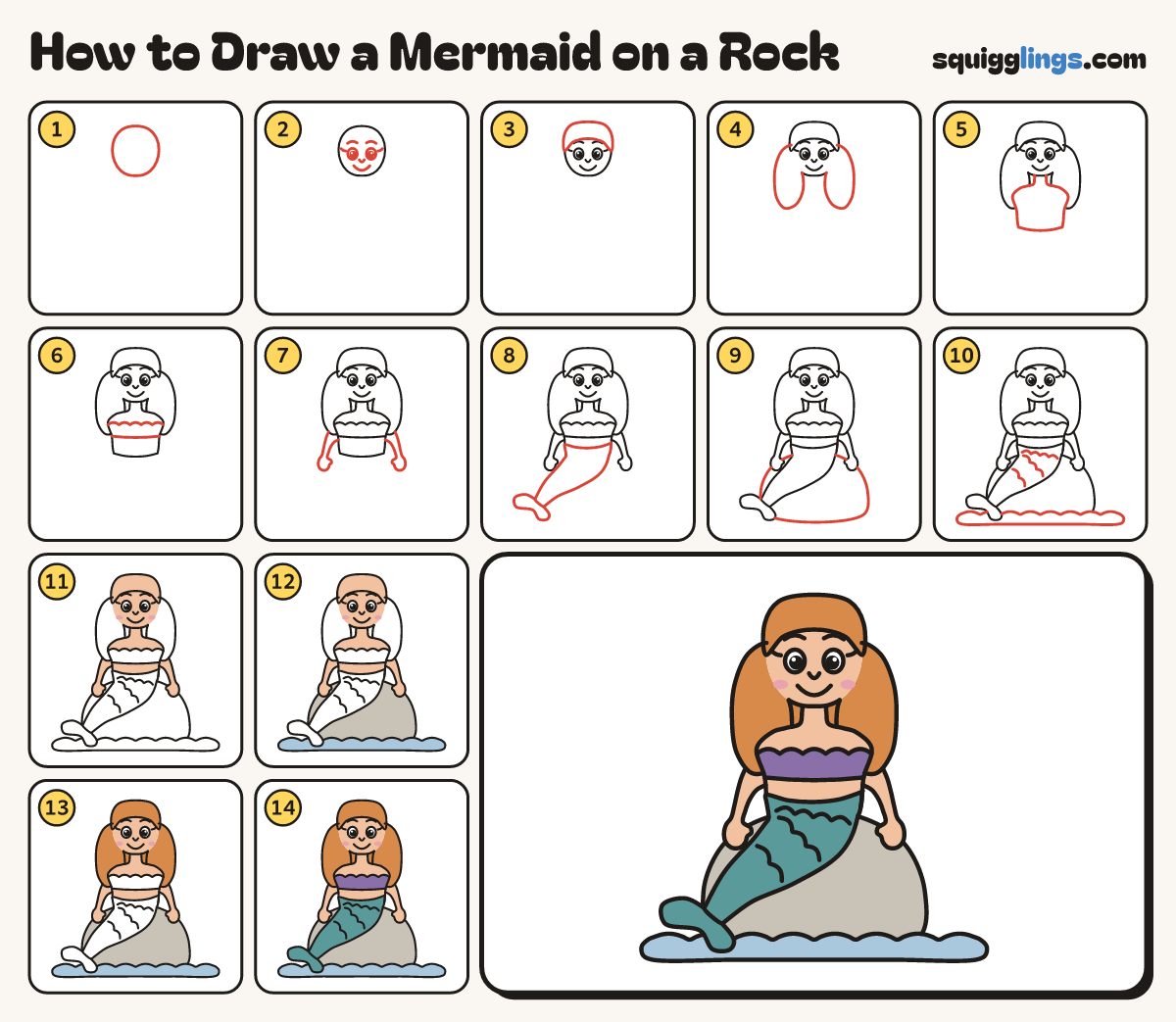 How to Draw a Mermaid on a Rock step by step: all 14 steps in one picture