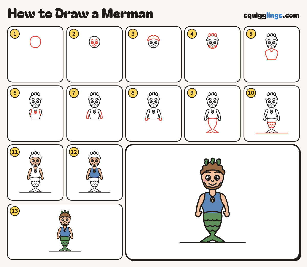 How to Draw a Merman step by step: all 13 steps in one picture