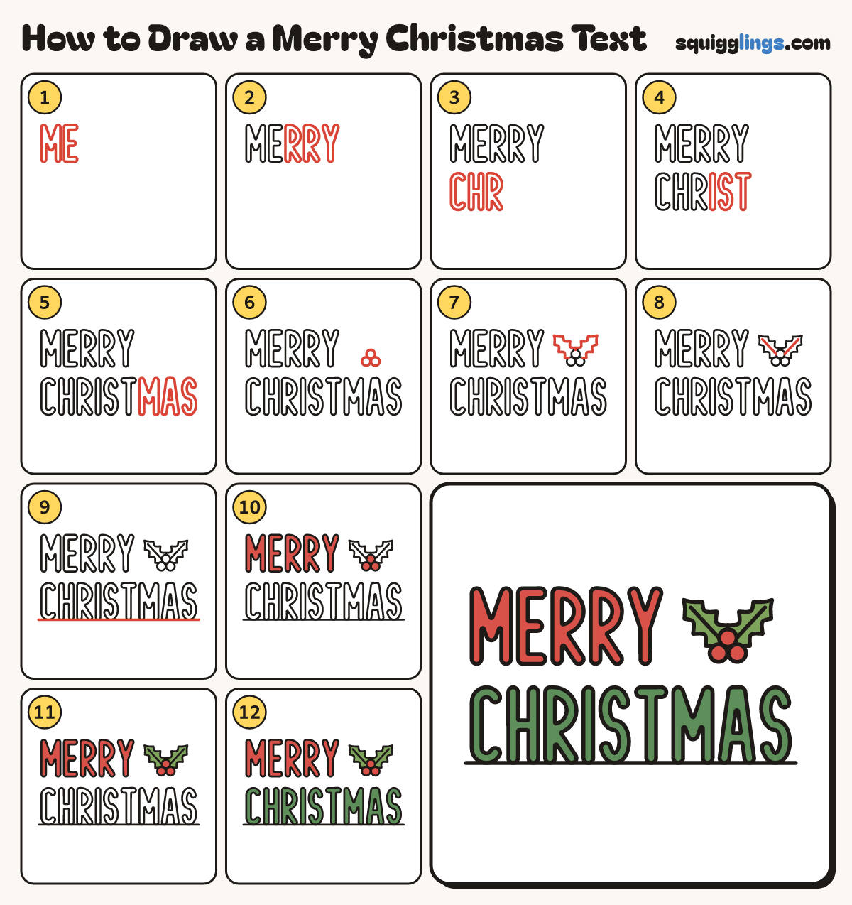 How to Draw a Merry Christmas Text step by step: all 12 steps in one picture