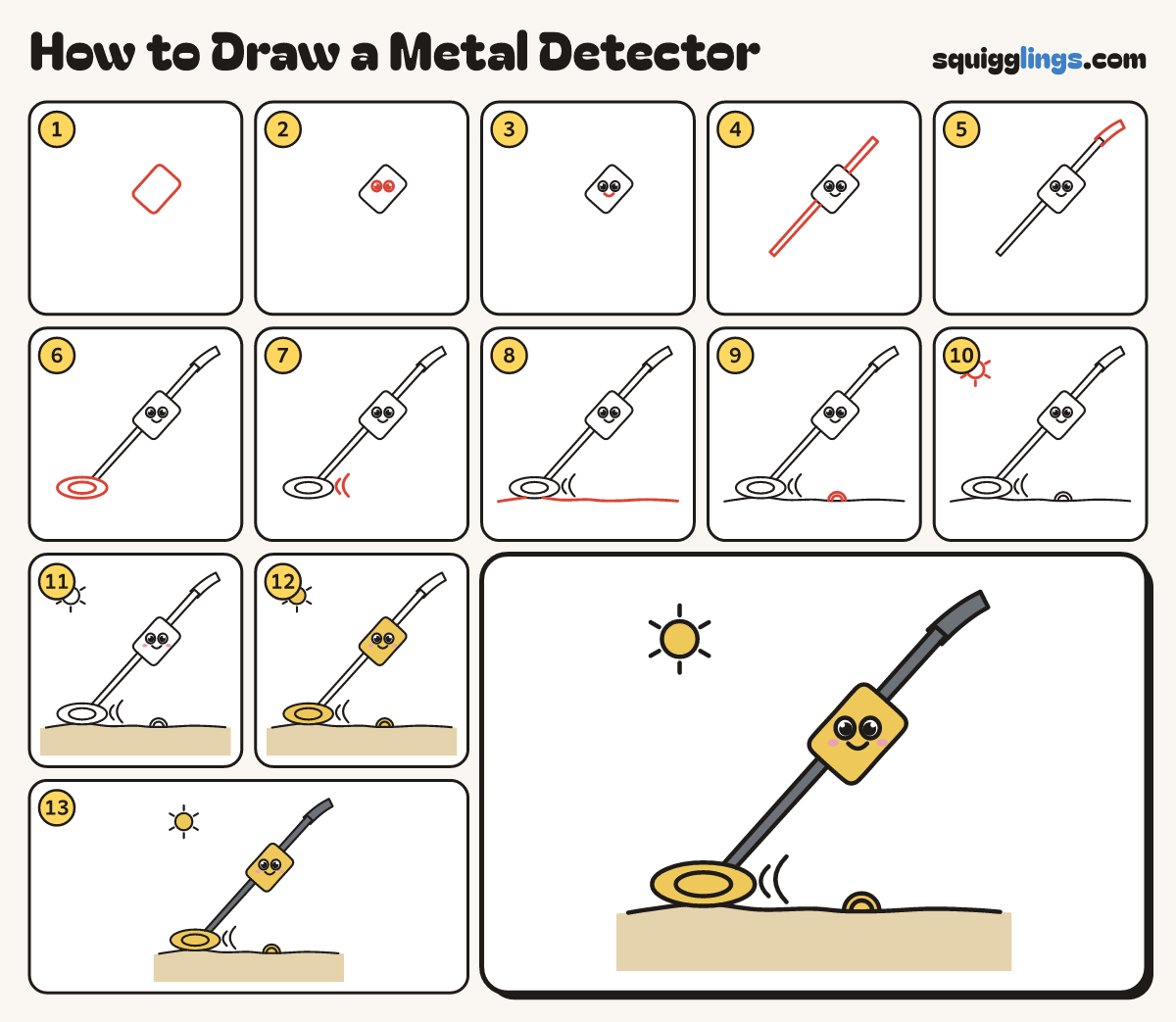 How to Draw a Metal Detector step by step: all 13 steps in one picture