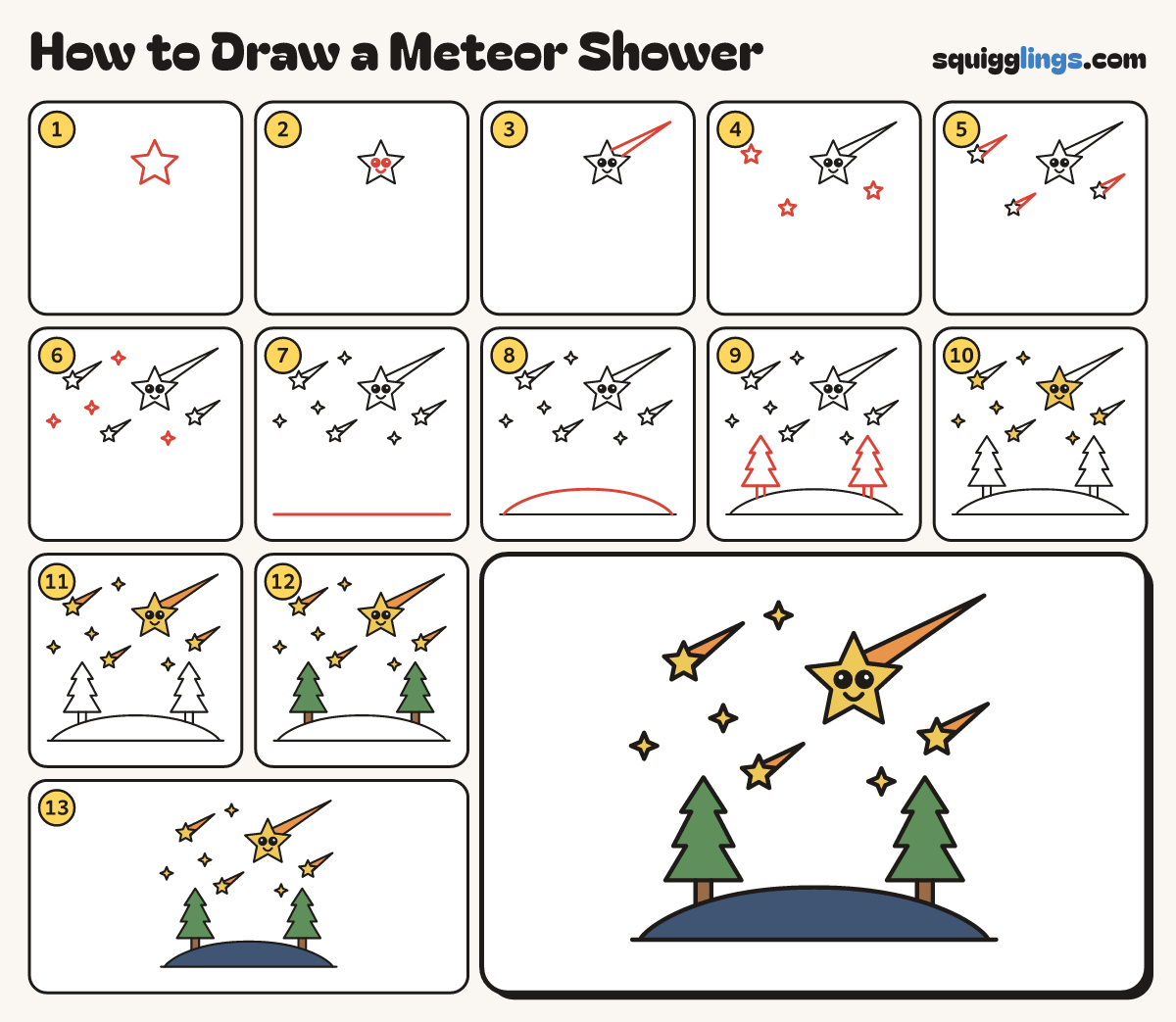 How to Draw a Meteor Shower step by step: all 13 steps in one picture