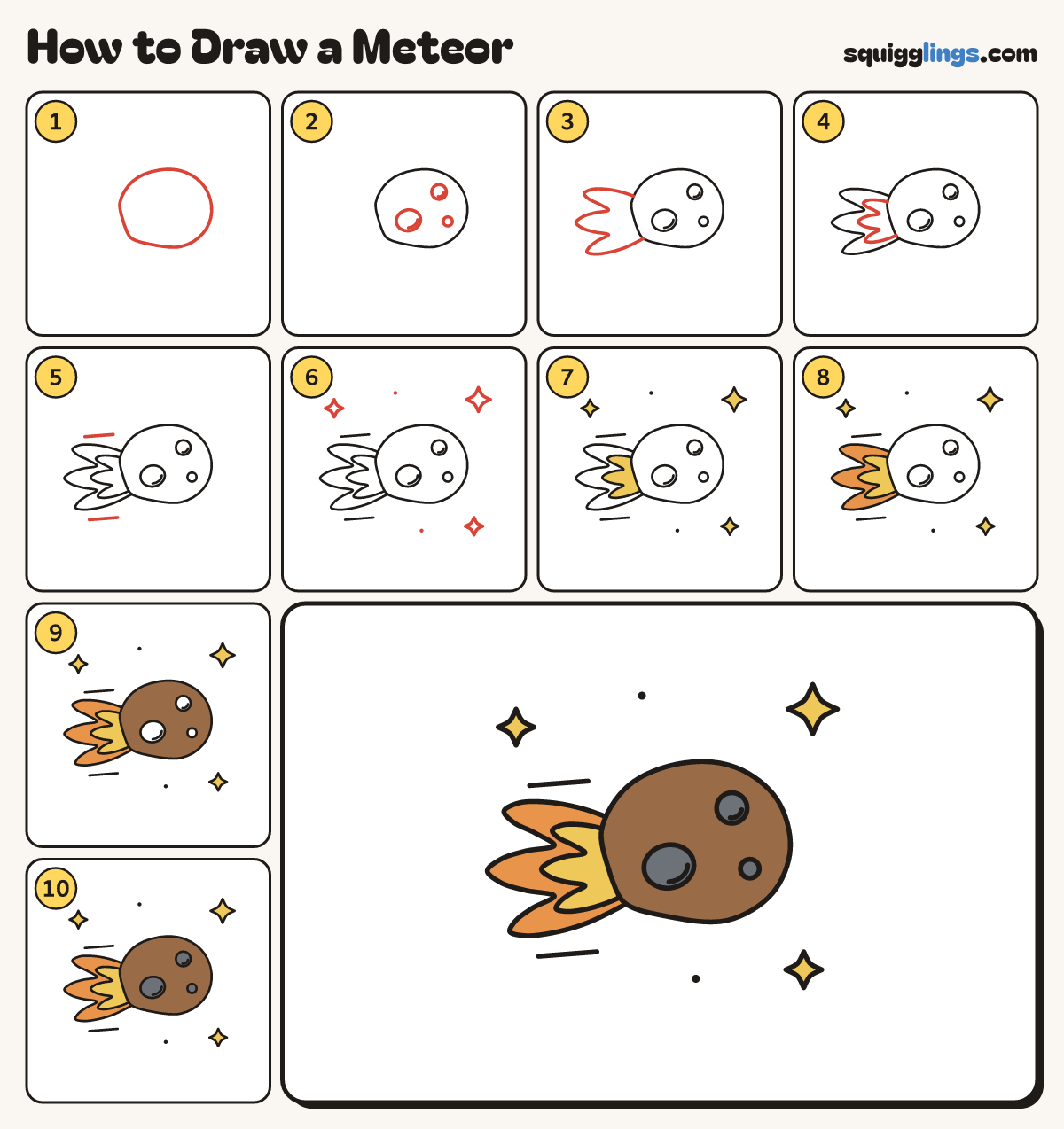 How to Draw a Meteor step by step: all 10 steps in one picture