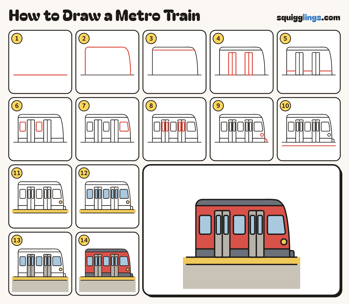 How to Draw a Metro Train step by step: all 14 steps in one picture