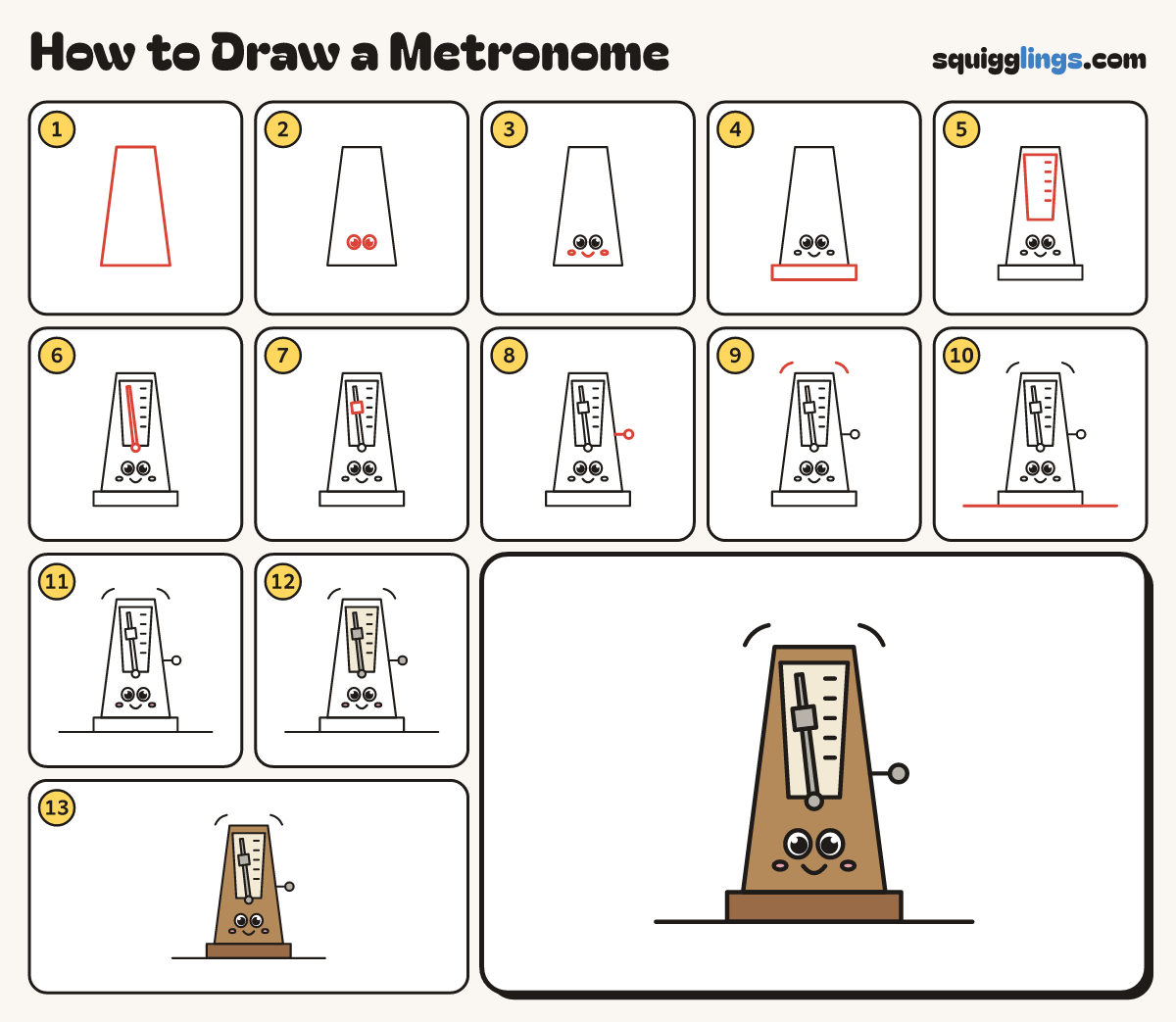 How to Draw a Metronome step by step: all 13 steps in one picture
