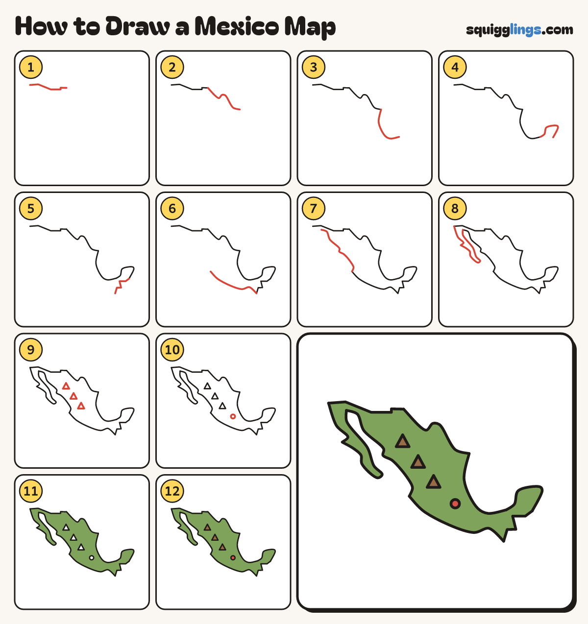 How to Draw a Mexico Map step by step: all 12 steps in one picture