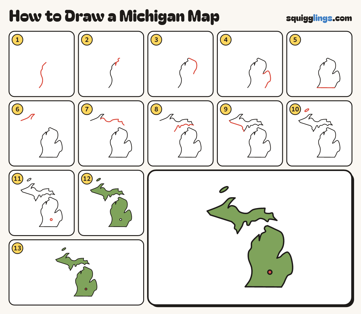 How to Draw a Michigan Map step by step: all 13 steps in one picture